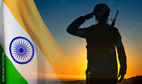 Silhouette of saluting soldier with India flag on a background the sunset. Greeting card for Independence day, Republic Day, Kargil Vijay Diwas. EPS10 vector