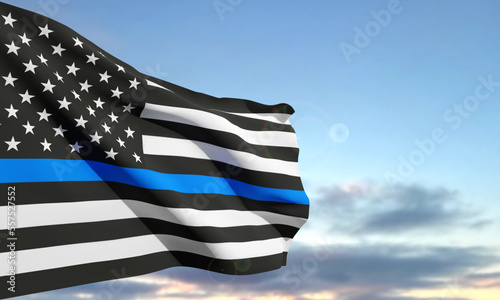 Thin Blue Line. American flag with police blue line on a background of sunset. Support of police and law enforcement. National Law Enforcement Appreciation Day. EPS10 vector