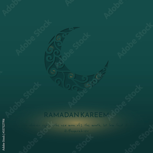 Paper cut of crescent moon with simple ornament design in green background for ramadan template