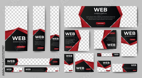 Set of web banners of different sizes with diagonal red elements and a place for photos.