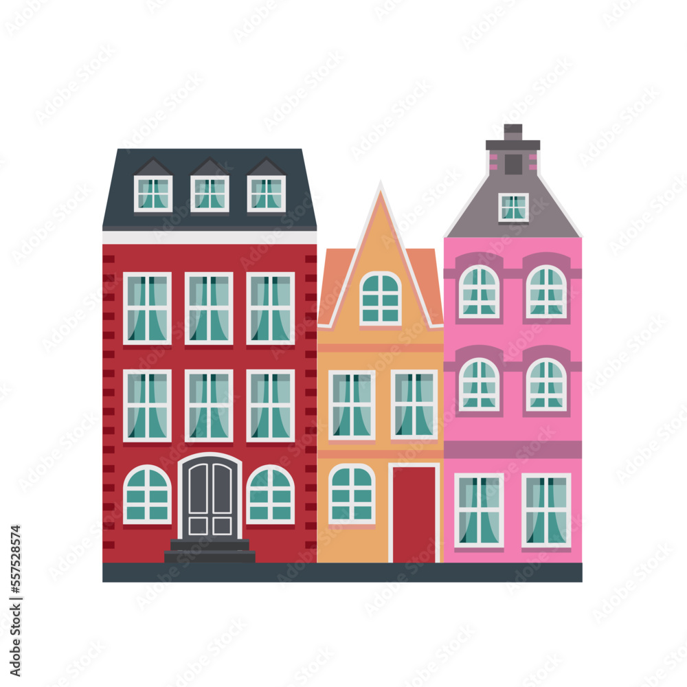 Vector image of a scandinavian old high-rise building close-up on a white background. Graphic design.