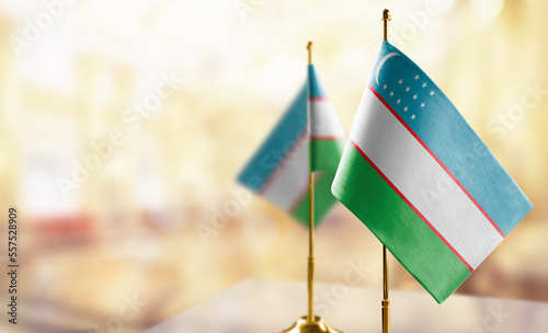 Small flags of the Uzbekistan on an abstract blurry background
