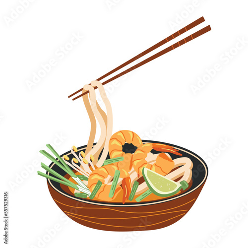 A popular Thai dish is pad thai noodles on a white background. Asian food. Vector illustration for restaurants, menus, decor