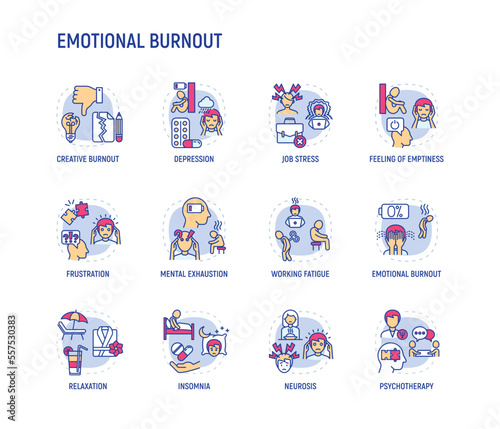 Emotional burnout set. Thin line icons. Working fatigue, job stress, depression, frustration, feeling of emptiness, creative burnout, psychotherapy, insomnia, mental exhaustion. Vector illustration