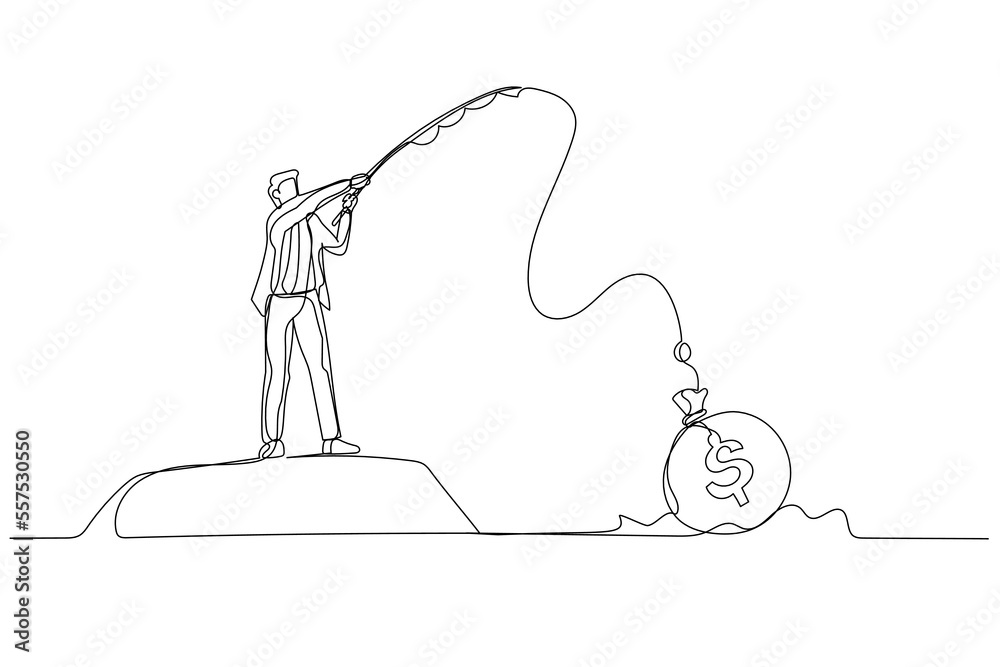 Φωτογραφία Illustration of businessman fishing with big money bag as bait
