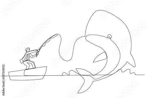 Drawing of businessman get big fish whale concept of catching big profit. Single continuous line art style