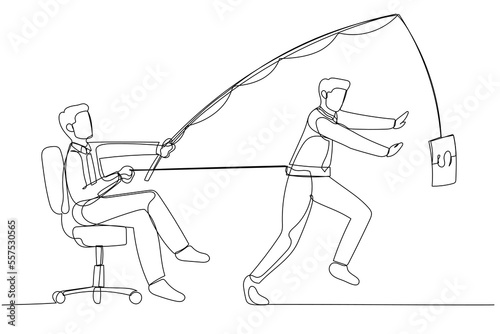 Drawing of businessman get bait with money slaved by boss. Single continuous line art style