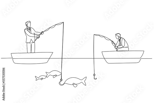 Cartoon of two businessman fishing for profit try to good production. One line style art