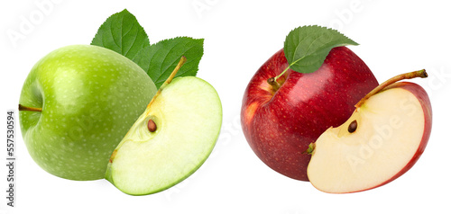 Red and green apples with leaves and slices isolated  transparent png  collection  PNG format  cut out.