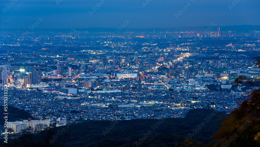 高尾山山頂から眺める東京都八王子市の街並み夜景
