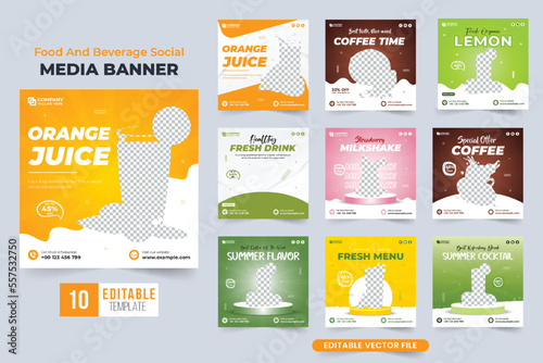Fresh beverage business social media post bundle with orange and green colors. Juice bar and cafe template set vector for digital marketing. Fruit cocktail promotional poster collection design.