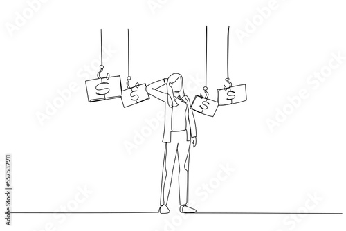 Cartoon of businesswoman chose fishing hook with money concept of opportunity. Single line art style