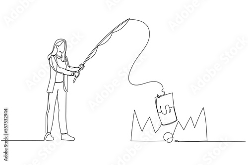 Illustration of businesswoman stealing money from trap with fishing rod  metaphor of investment risk. Single continuous line art style