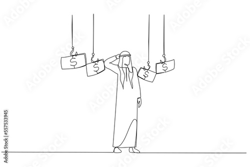 Illustration of arab businessman chose fishing hook with money concept of opportunity. One continuous line art style