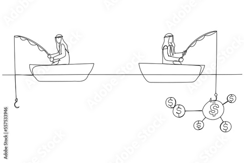 Drawing of arab businessman fishing dollar sitting in boat. Single line art style