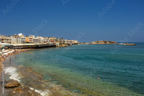 View of the beach on the Greek island of Crete in Hersonissos