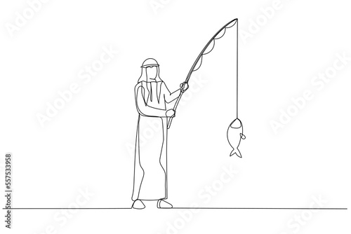 Cartoon of arab businessman fishing big fish. Single continuous line art style