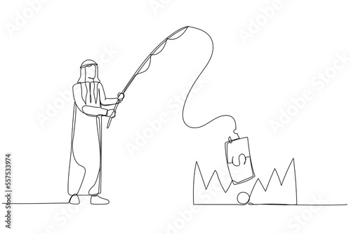 Cartoon of arab businessman stealing money from trap with fishing rod  metaphor of investment risk. Single line art style