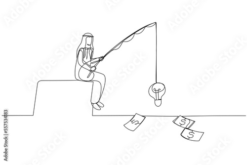 Illustration of arab businessman fishing dollar money concept of innovation and strategy. One line style art