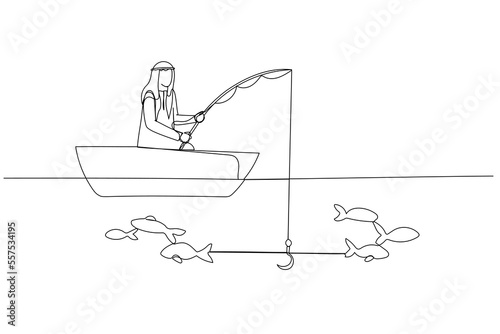 Drawing of arab businessman try to get fish but not getting one concept of unsuccessful. Single continuous line art