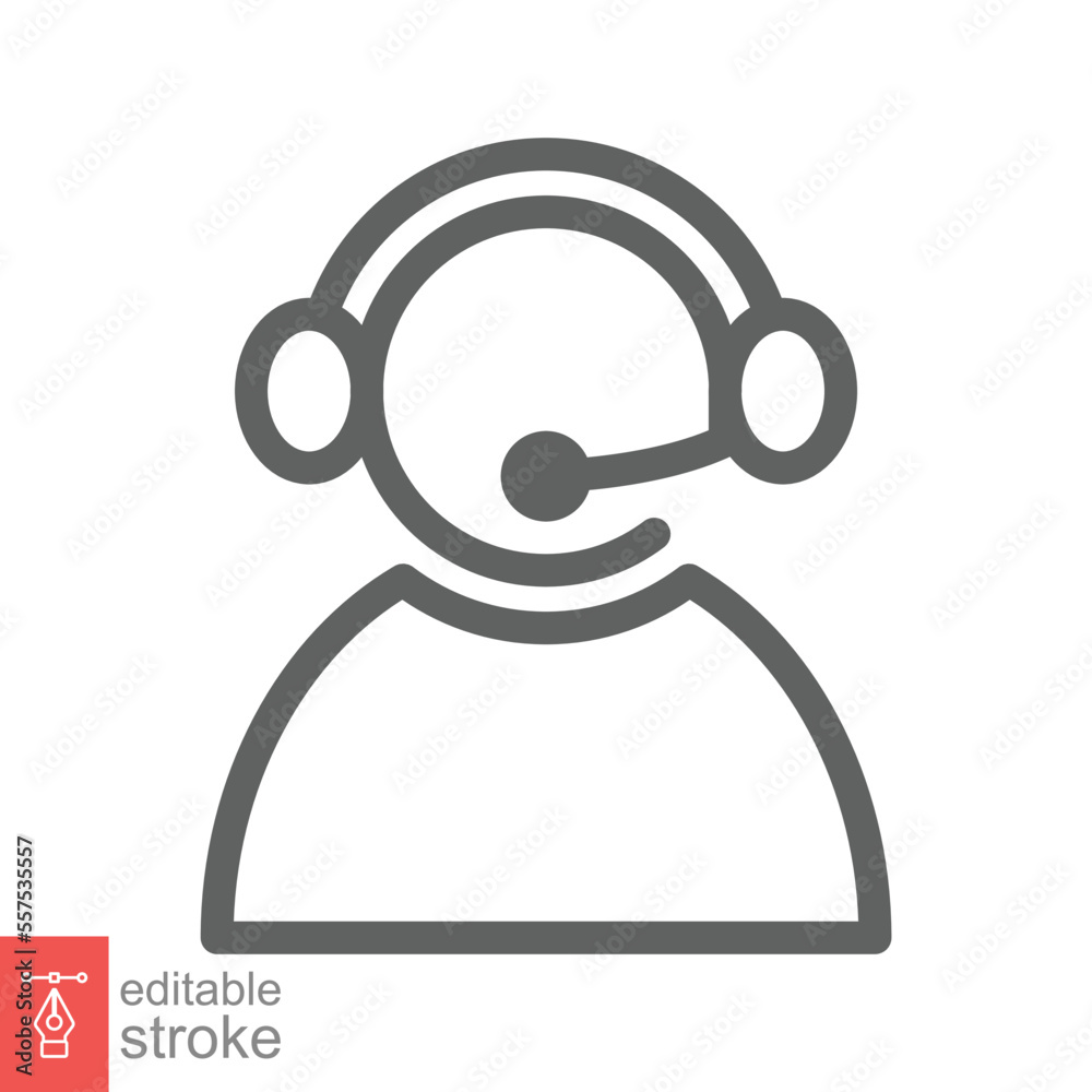 Telemarketer icon. Simple outline style. Call center operator with headset, customer service, telemarketing concept. Thin line, linear symbol. Vector illustration isolated. Editable stroke EPS 10. Telemarketer icon. Simple outline style. Call center operator with headset, customer service, telemarketing concept. Thin line, linear symbol. Vector illustration isolated. Editable stroke EPS 10.