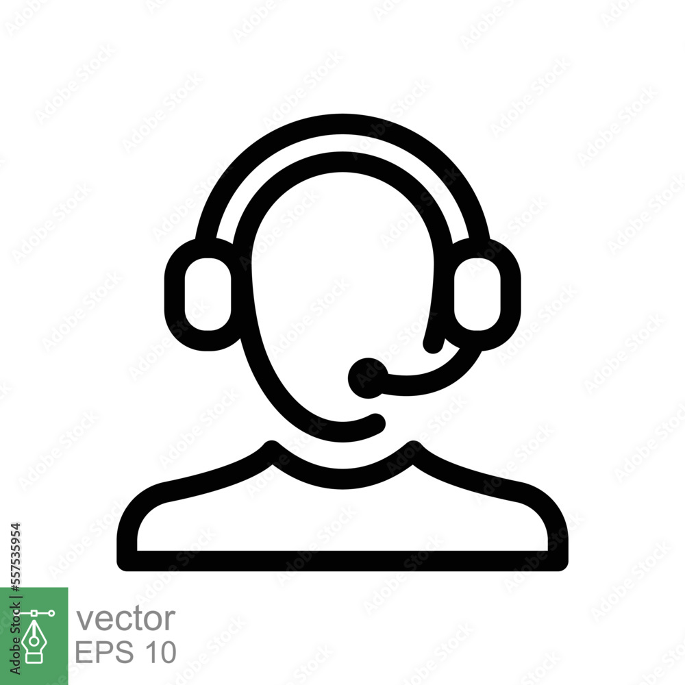 Telemarketer icon. Simple outline style. Call center operator with headset, customer service, telemarketing concept. Thin line, linear symbol. Vector illustration isolated. EPS 10. Telemarketer icon. Simple outline style. Call center operator with headset, customer service, telemarketing concept. Thin line, linear symbol. Vector illustration isolated. EPS 10.