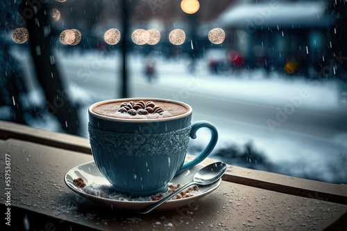 Obraz na plátne illustration of hot chocolate cup on wooden table with cold freezing weather