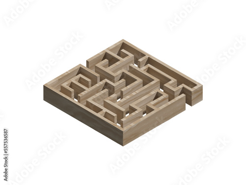 3D Illustration Art of A Square Wooden Maze, Labyrinth, Puzzle or Trap. Isolated or Die Cut on White Background with Clipping Mask or Clipping Path.