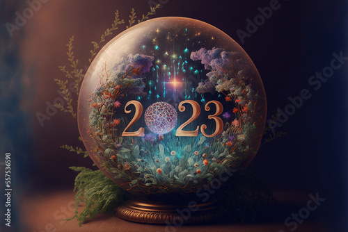 2023 written on orb surrounded by tiny plants. Generative AI 