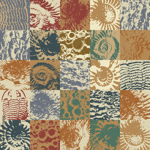 vector abstact seamless pattern background with sea stone texture with imprints of shells of ancient ammonite shells. Suitable for wallpaper design, wrapping paper, fabric, ceramic tiles
