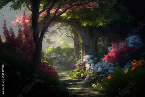 illustration of beautiful secret enchanted garden with pavilion that has vine grown over it with nobody 
