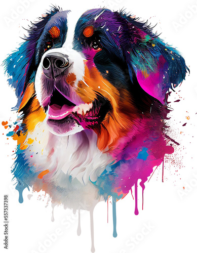 Colorful Bernese Mountain Dog with paint splashes
 photo