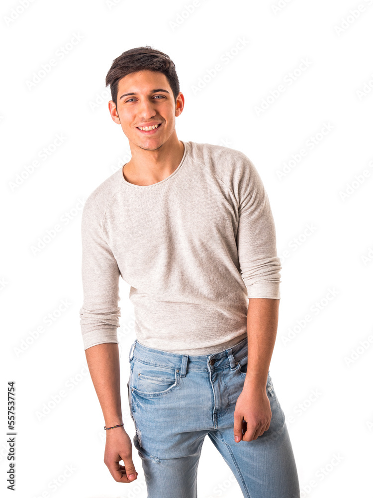 Smiling cool young man with wool sweater on white Smiling cool young man with wool sweater on white