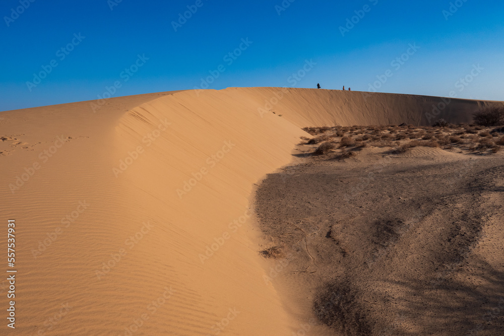 A tourist standing on a beautiful sand dune at North Horr Sand Dunes in Marsabit County, Kenya