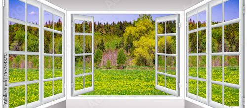 nature landscape with through a window with curtains
