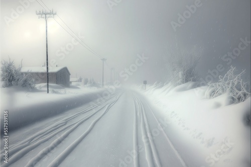 snowed in rural road and house in snowy whiteout blizzard illustration