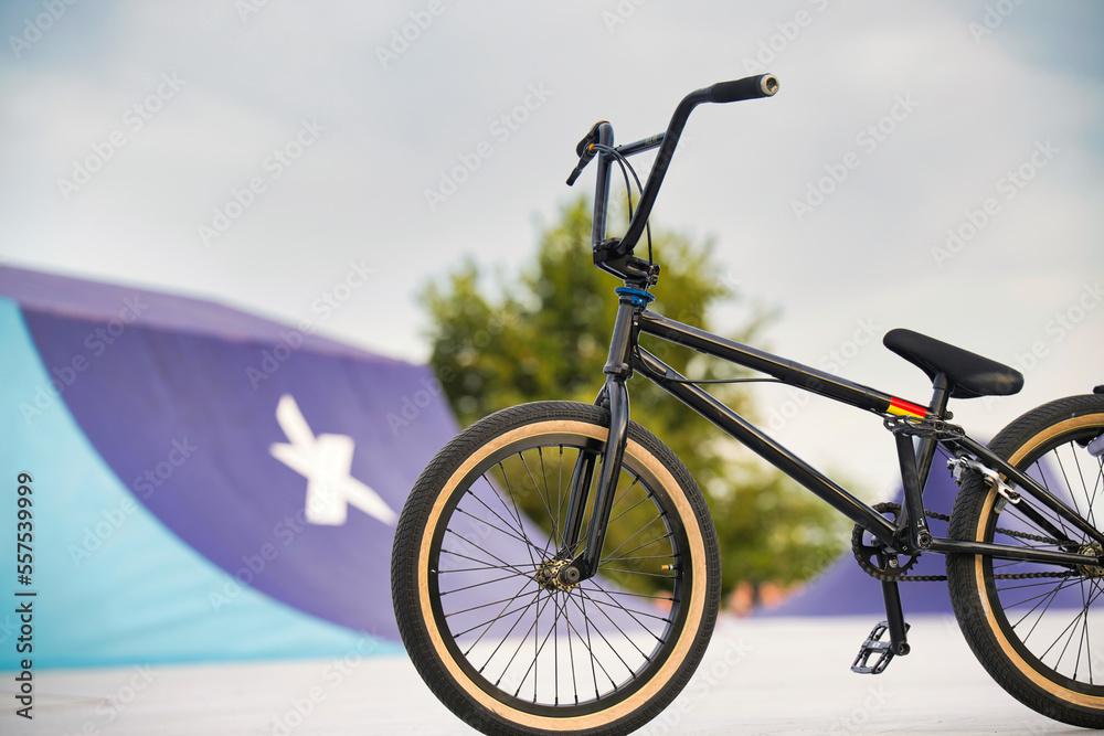 Fototapeta premium bicycle on the park space, exhilaration, park, racey, motion, adventure, ramp high, flight, black, concrete, fly, pursuit, culture, flying, recreational fast
