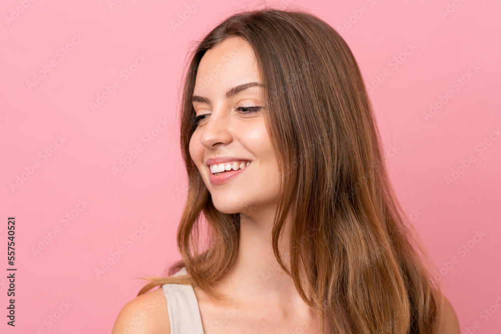 Portrait caucasian woman isolated on pink background . Portrait Portrait caucasian woman isolated on pink background . Portrait
