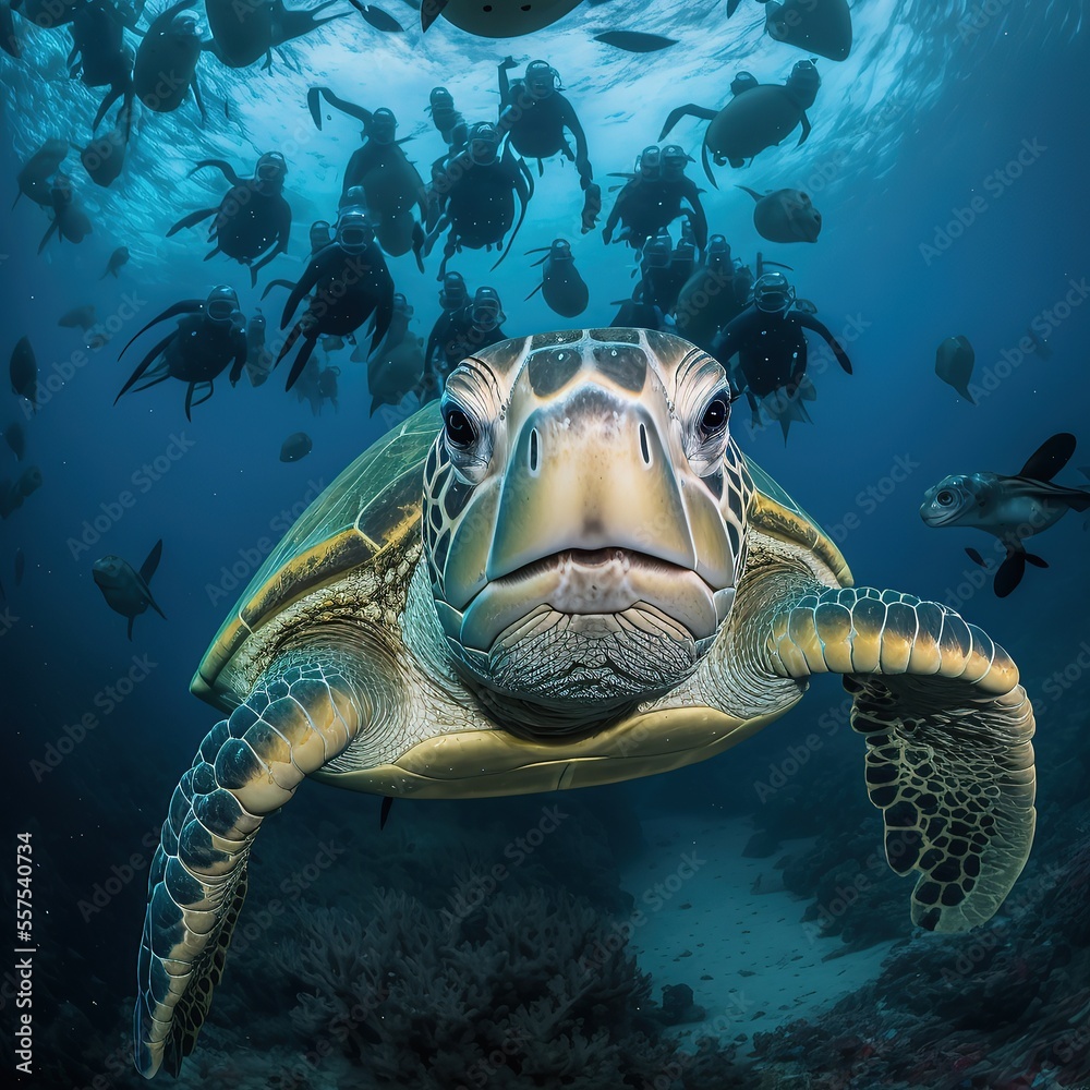 Fototapeta premium Green Turtle approaches the camera with SCUBA divers behind. Generative AI