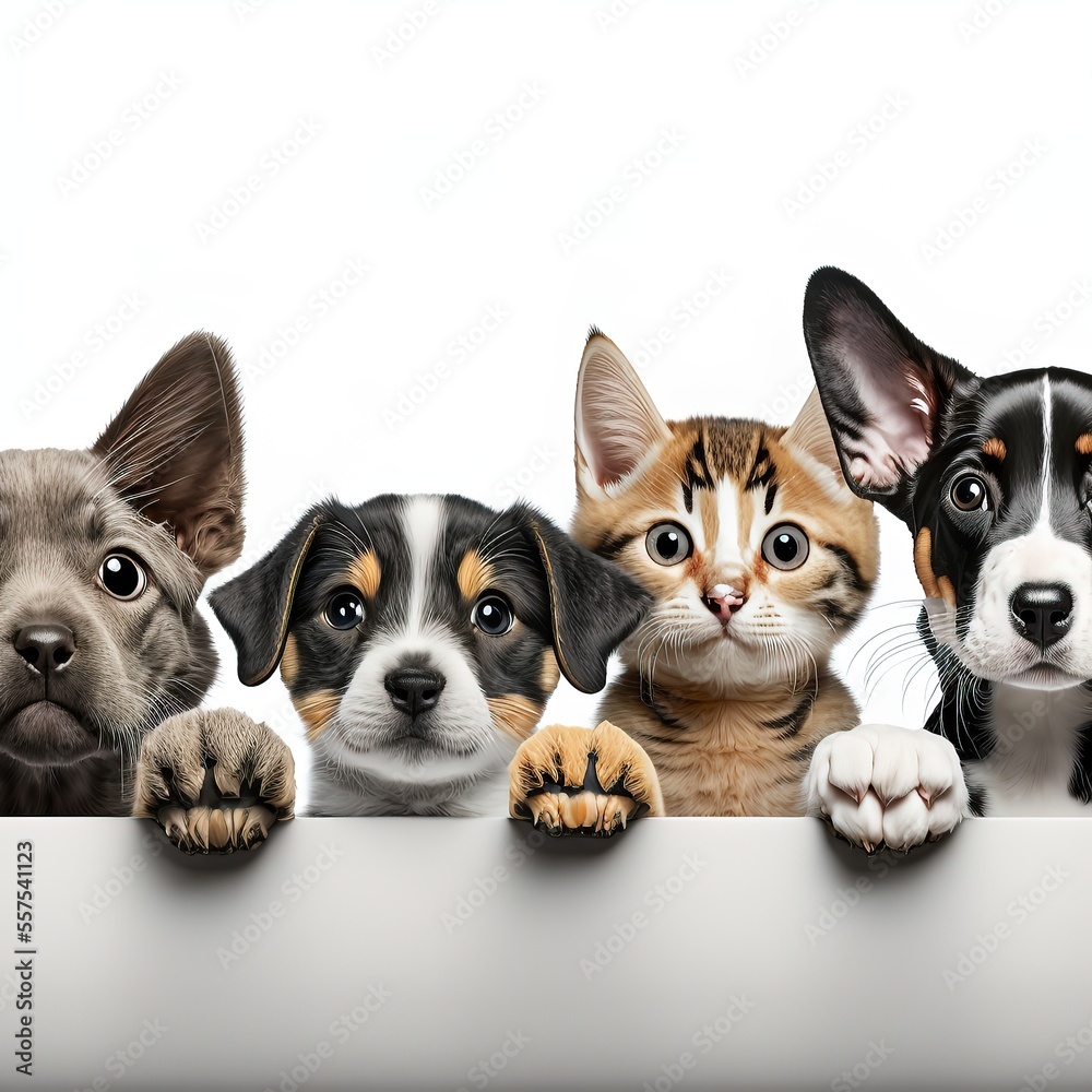 Row of the tops of heads of cats and dogs with paws up, peeking over a blank white sign. Sized for web banner or social media cover. Generative AI