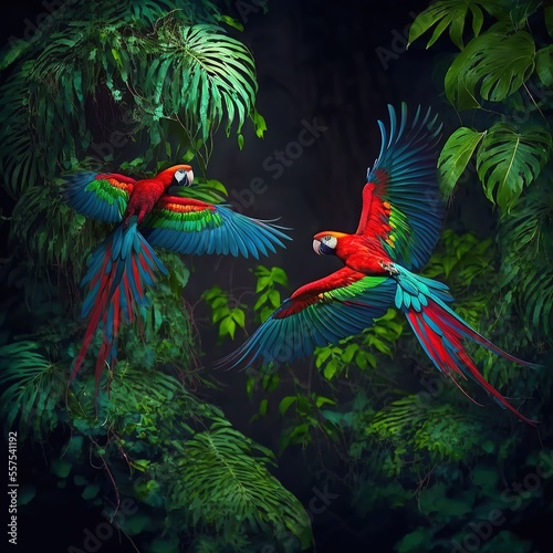 Hybrid parrots in forest. Macaw parrot flying in dark green vegetation. Rare form Ara macao x Ara ambigua, in tropical forest, Costa Rica. Wildlife scene from tropical nature.Red bird. Generative AI