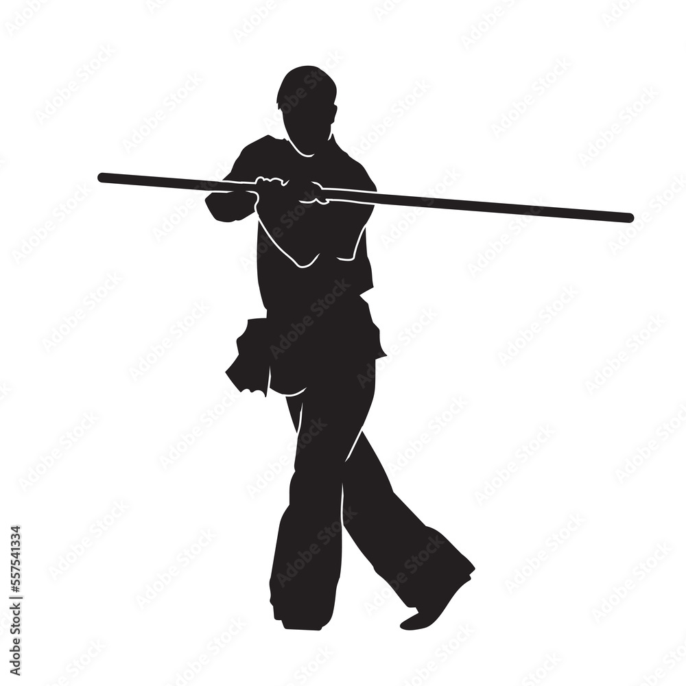 Vector silhouette of martial arts kung fu man standing and use sword to perform. Shaolin master illustration on white. Vector silhouette of martial arts kung fu man standing and use sword to perform. Shaolin master illustration on white.