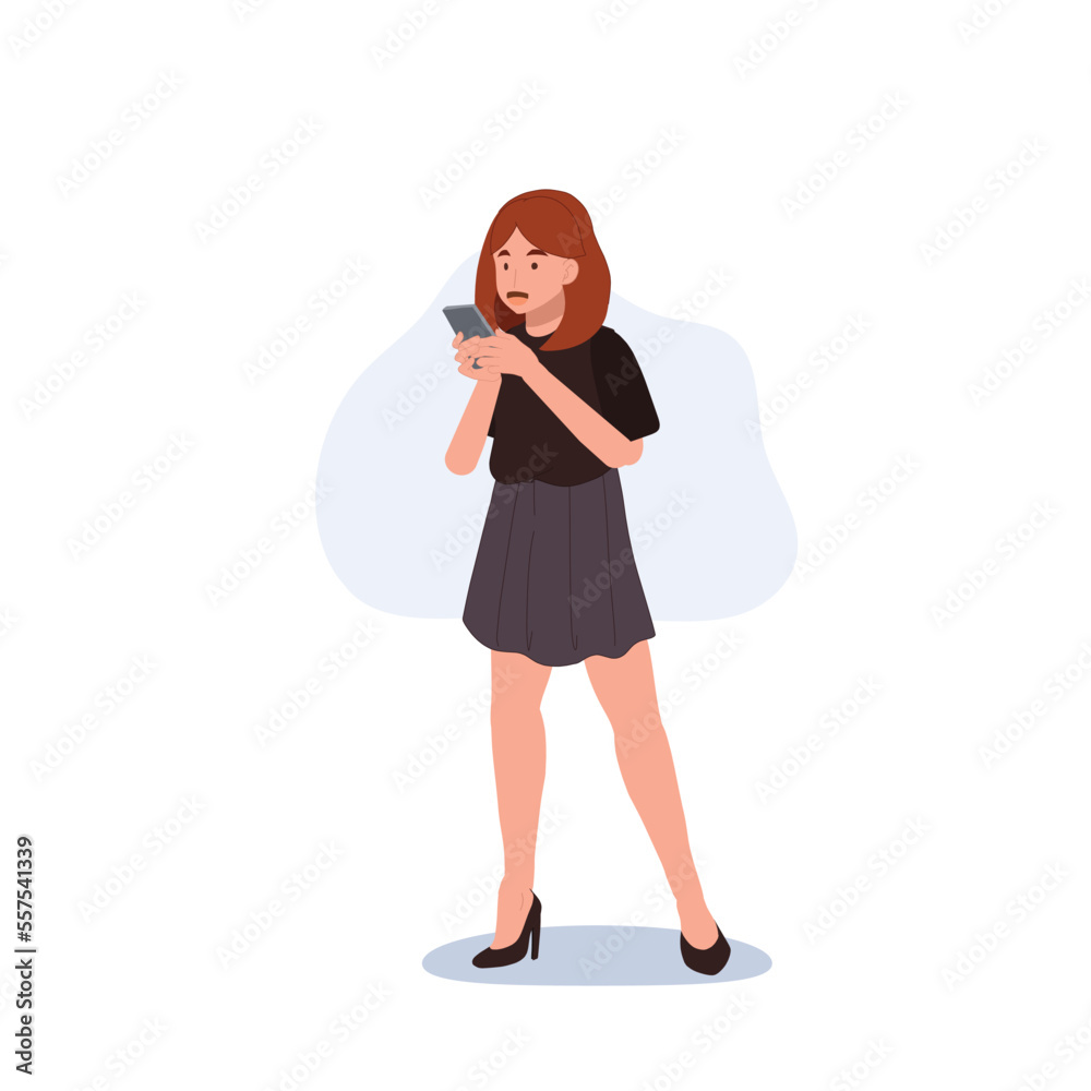 woman communicating with her mobile phone. texting by phone. Flat vector cartoon character illustration. woman communicating with her mobile phone. texting by phone. Flat vector cartoon character illustration.