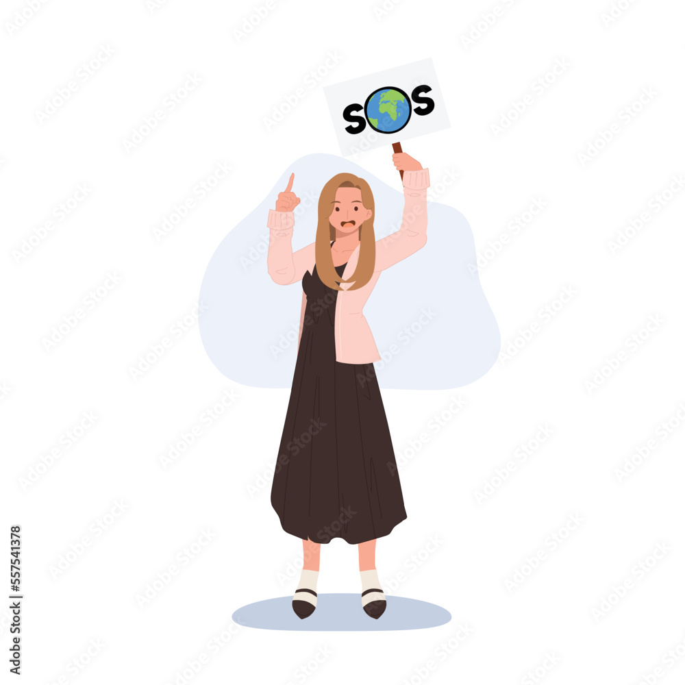 Eco Activist Protesting concept, Woman with SOS placard is protesting. Flat vector cartoon character illustration