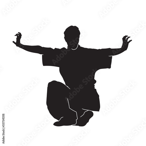 Chinese martial arts kung fu man standing posing silhouette vector. Shaolin master illustration on white.