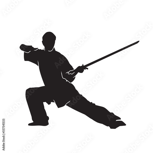 Vector silhouette of martial arts kung fu man standing and use sword to perform. Shaolin master illustration on white.