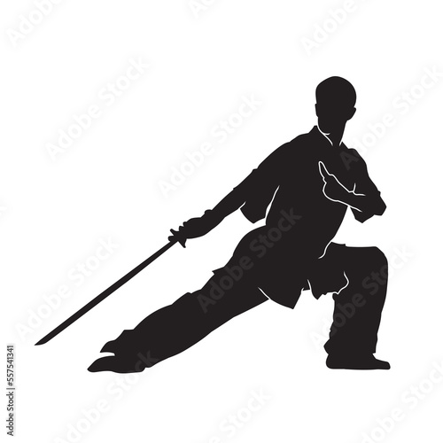 Vector silhouette of martial arts kung fu man standing and use sword to perform. Shaolin master illustration on white.
