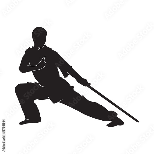 Vector silhouette of martial arts kung fu man standing and use sword to perform. Shaolin master illustration on white.