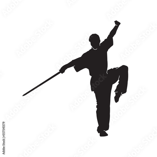 Vector silhouette of martial arts kung fu man standing and use sword to perform. Shaolin master illustration on white.