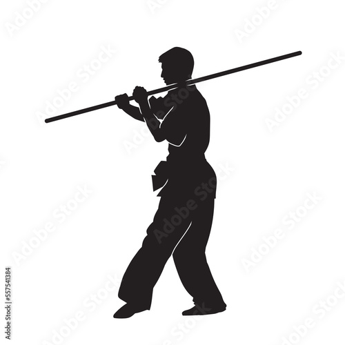 Vector silhouette of martial arts kung fu man standing and use sword to perform. Shaolin master illustration on white.